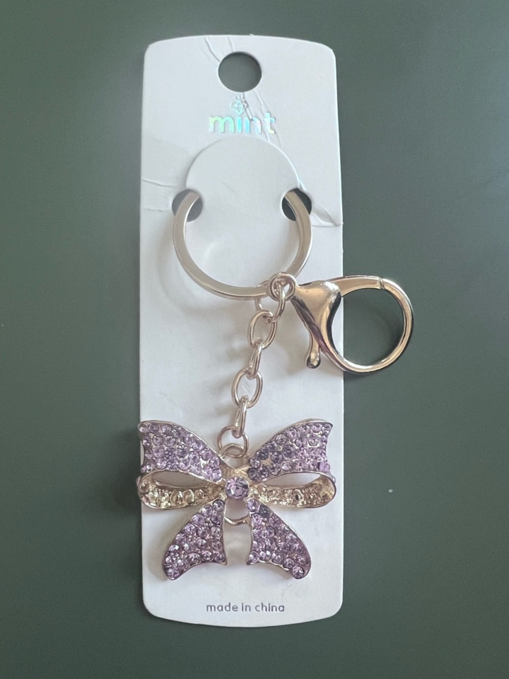 Mint Crystal Bow Keychain Bag Charm Pinkish-Purple with Silver Hardware